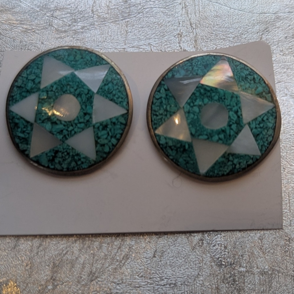 Turquoise Vintage Alpaca Geometric Earrings 1" Round Clasp Backings Mosaic